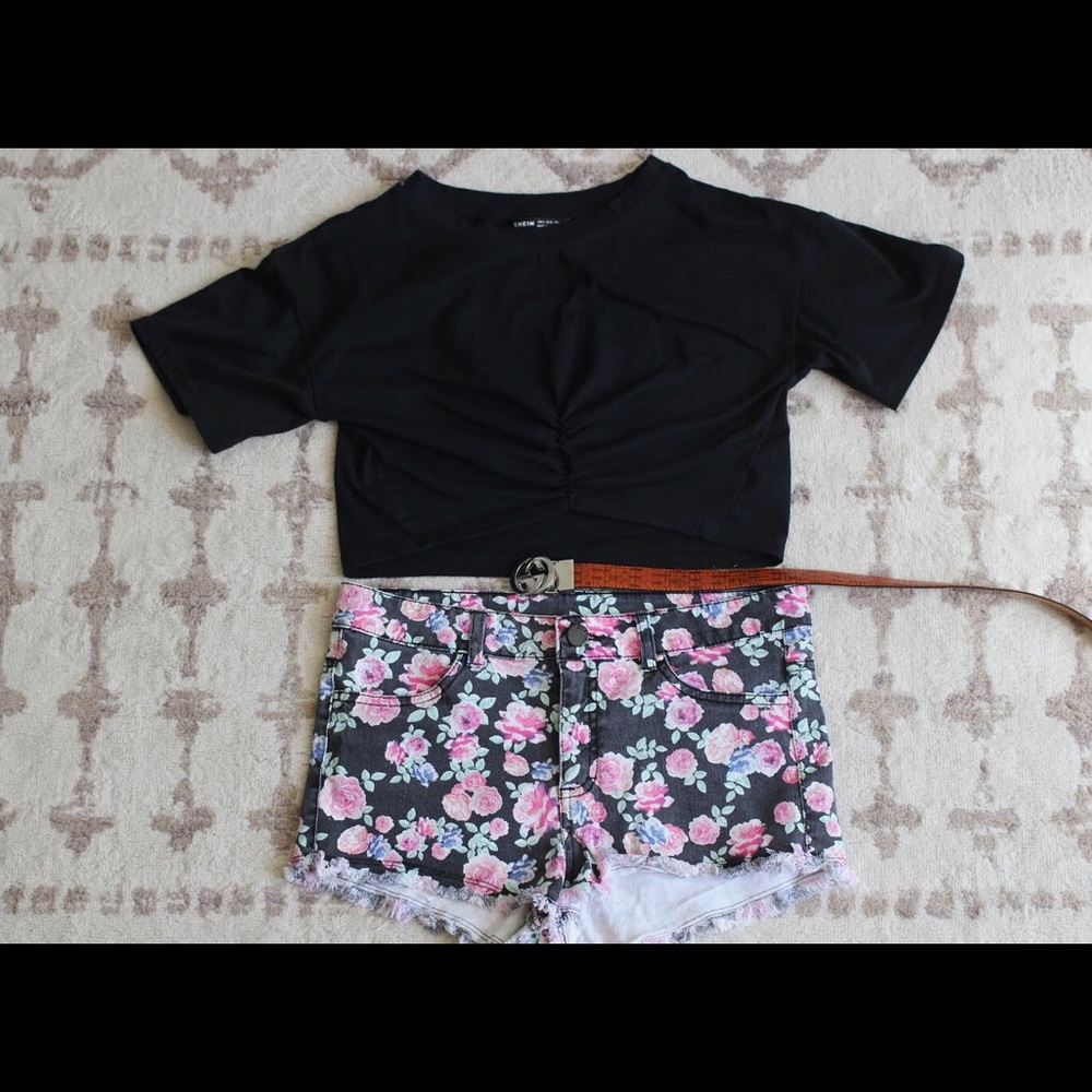 Black Distressed Floral H&M Jean Shorts